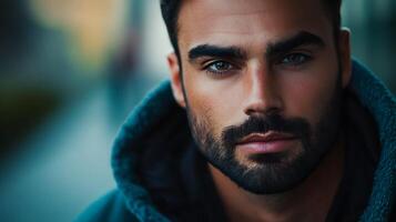 A handsome man with a beard gazes intently at the camera wearing a hooded top while standing outdoors in front of a blurry background photo