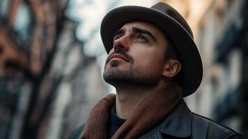 A man looks up thoughtfully wearing a hat and scarf with a beard The scene is calm mysterious and introspective photo