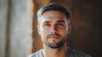 Close-up portrait of a handsome man with light hair blue eyes and a neatly trimmed beard against a rustic brick backdrop photo
