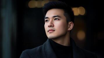 A focused handsome man with dark hair in a thoughtful pose looking up and to the side against a blurred backdrop Thoughtful gaze photo
