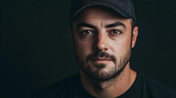 Close-up portrait of a man with a beard wearing a cap against a dark background capturing a sense of introspection and quiet confidence photo