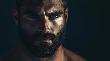 Intense gaze of a muscular man with a beard strong features and a determined expression in a dramatic dark setting photo