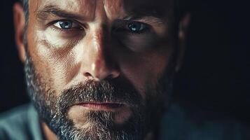 Close-up of a man's intense gaze The portrait captures the depth in his eyes highlighting his weathered face and prominent beard Moody lighting photo