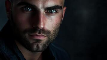 Intense portrait of a man with striking features and a serious expression captured in dramatic lighting against a dark background photo
