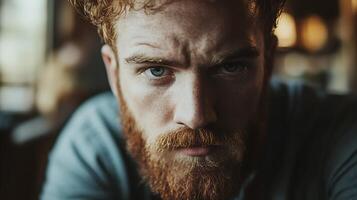 Intense gaze of a man with red hair and beard capturing a moment of seriousness and depth of expression photo