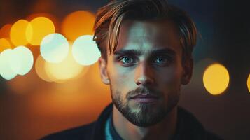 Intense portrait of a contemplative man with striking eyes set against a backdrop of blurred city lights Moody and atmospheric photo