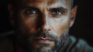 Intense portrait of a man with weathered skin and deep-set eyes Focused gaze creates a powerful connection with the viewer photo