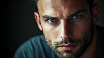 Intense gaze of a man with captivating eyes highlighting depth and emotion shrouded in shadow photo