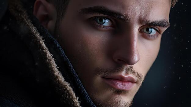 Intense gaze of a striking man with piercing eyes shadowed by a hooded jacket creating an atmosphere of mystery and brooding charm photo