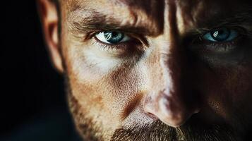 Intense portrait of a man eyes locked in a powerful gaze conveying depth and emotion in a tightly framed artistic close-up photo