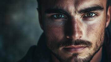 Intense portrait of a man with deep-set eyes and strong features conveying a sense of seriousness and determination Moody lighting emphasizes photo