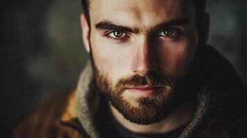 Intense gaze of a man with a beard capturing his rugged charm and captivating eyes A portrait that speaks volumes through a single look photo