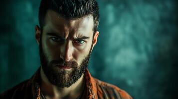 Intense portrait of a man with a beard conveying a feeling of seriousness and resolve set against a textured background photo