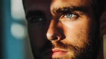 Close-up of a man's face half in shadow with striking blue eyes showcasing a blend of mystery and allure in a dramatic lighting photo