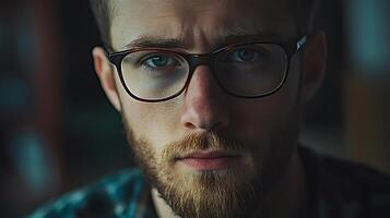 Intense gaze of a bearded man wearing glasses captured in a dimly lit setting His expression is serious adding depth to the portrait photo