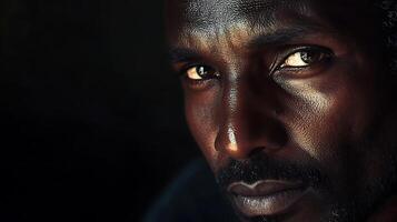 Intense portrait of a man with deep brown skin emphasizing his eyes and facial structure in a dark focused setting photo