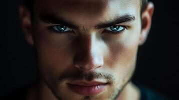Intense gaze of a man with striking blue eyes dark eyebrows and light stubble Mysterious portrait emphasizing the eyes photo