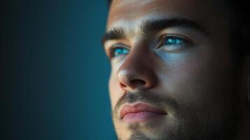 Introspective gaze of a young man with striking blue eyes He seems to be looking into the distance and perhaps contemplating the future photo