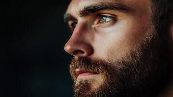 Focused man with a beard looks to the side His brow is furrowed and his features are highlighted by side lighting in an atmospheric shot photo