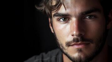 Close-up of a man with a beard and light brown hair against a dark background portrait serious expression and natural lighting photo