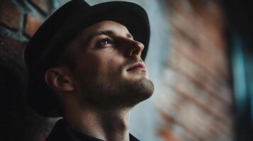 Portrait of a man in a hat looking upwards thoughtfully with a brick wall in the background Moody lighting and introspective mood photo