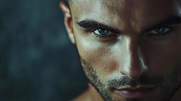 Intense gaze of a man with captivating green eyes and stubble conveying depth and emotion in a close-up portrait with striking features photo