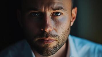 Intense gaze of a man with sharp blue eyes captured in low-key lighting emphasizing facial features and a determined expression photo