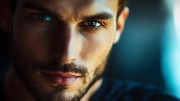 Intense gaze of a man with a beard highlighted by dramatic lighting showcasing depth emotion and natural charm Hypnotic and alluring photo