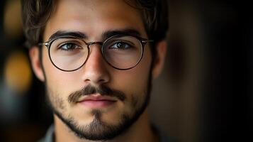 Portrait of a young man with a beard and glasses His facial expression is serious and he is looking directly at the viewer photo