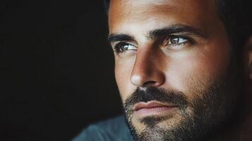 Intense portrait of a handsome man with a beard gazing off into the distance with dark background and thoughtful expression photo