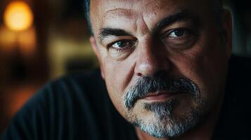 Close-up portrait of a middle-aged man with a trimmed beard captured in soft natural light showcasing depth and character photo