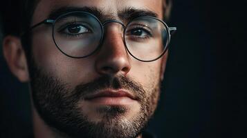 Close-up portrait of a person with round glasses showcasing subtle stubble against a dark background emphasizing focus and thoughtfulness photo