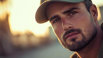 A handsome man with captivating eyes wearing a cap his gaze filled with depth and intensity Beautiful lighting enhances his features photo
