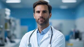 Portrait of a serious healthcare worker likely a doctor wearing a white coat and stethoscope standing in a medical office setting photo