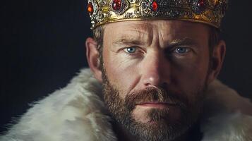 Portrait of a king wearing a crown and a white fur cloak looking directly at the viewer with a serious expression on a dark background photo