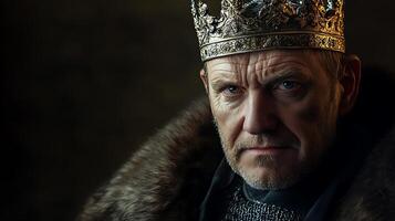 A stern medieval king with furrowed brow wearing a crown and fur-lined cloak looks at you with intensity A ruler in his prime photo