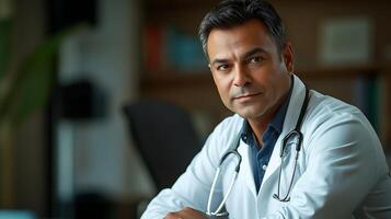 Confident doctor wearing a lab coat and stethoscope Healthcare professional with reassuring presence in a blurred office setting photo