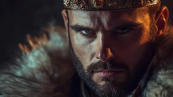 Stern monarch in opulent attire glaring with intensity a portrait of power and regal authority in the darkened setting photo
