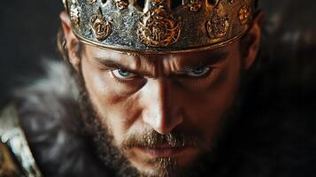 Stern portrait of a king with a crown and an intense look gazing directly at the viewer with light blue eyes and a fur collar photo
