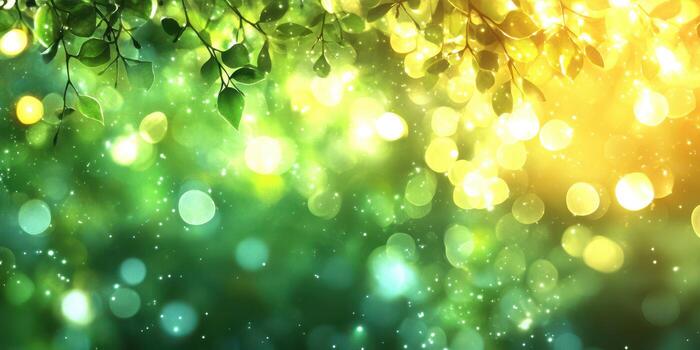 Vibrant bokeh background with green leaves and soft light during a sunny afternoon photo