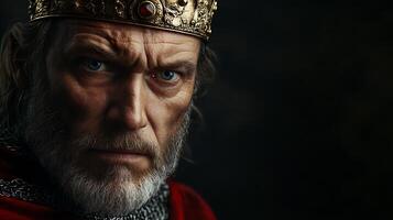 Stern king with a gold crown and chainmail a portrait showcasing power and authority against a dark backdrop eyes piercing and determined photo