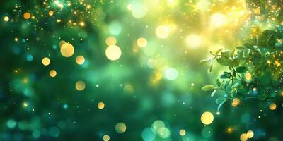 Bright green and golden bokeh lights create a magical atmosphere in a lush garden setting photo