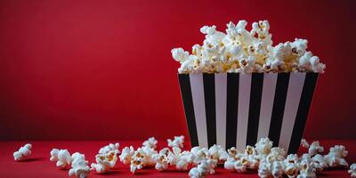 Freshly popped popcorn spilling from a striped box on a red background ideal for movie night photo