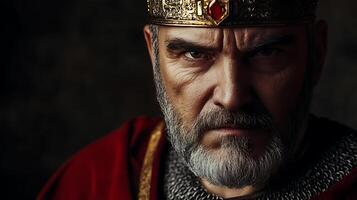 A stern-faced king with piercing eyes and a golden crown reflecting power and wisdom evokes a sense of historical authority and regality photo