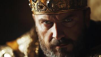 A regal portrait captures the intense gaze of a bearded ruler adorned with a golden crown set against a dimly lit backdrop photo