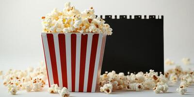 Popcorn box with scattered kernels beside a black film slate ready for movie night at home photo