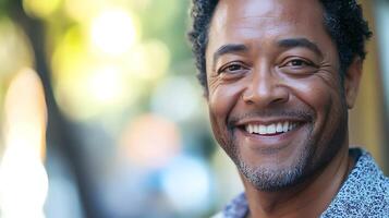 A smiling man with curly hair looks at the camera in an outdoor setting with a background that is blurred to create bokeh effects photo