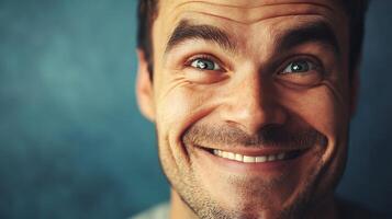 Close-up of a man's face showing a broad genuine smile with visible wrinkles around his eyes set against a muted blue background photo