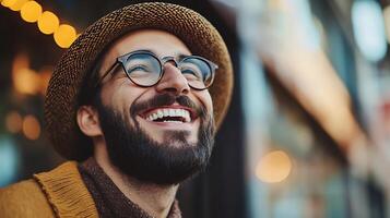 Smiling man with beard and glasses gazing upwards with hat Expressing joy and contentment in a bright setting Casual style and happiness photo