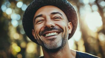 Smiling man with hat in outdoor light Warm tones highlight a joyful expression perfect teeth and natural bokeh background photo